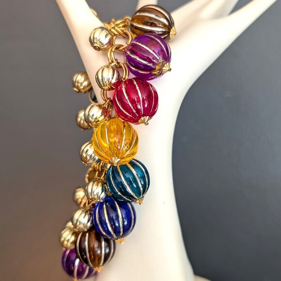 Vintage Jewelry - Vintage charm style bauble gold link bracelet with jewel tone beads